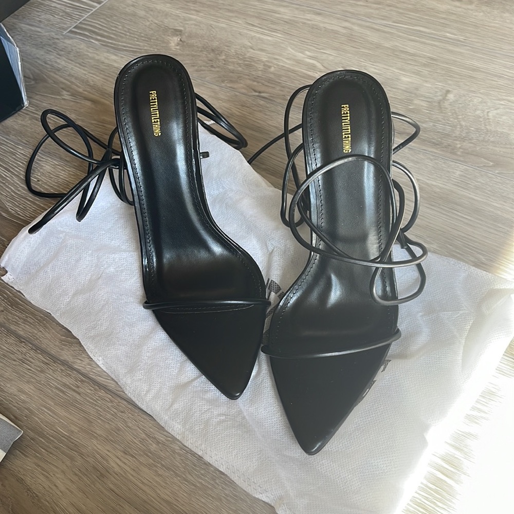 PLT Black Pointed Toe Lace Up Heels